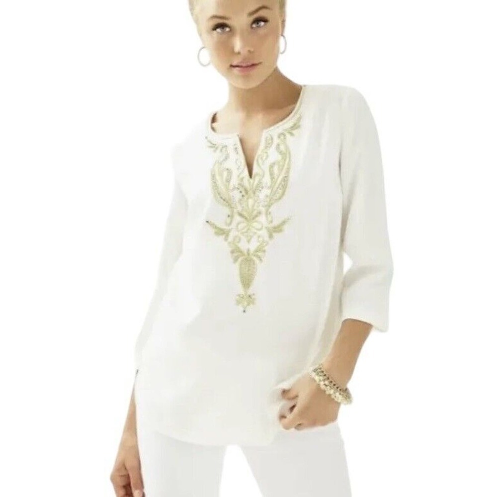 Lilly Pulitzer Dallas Tunic Top Womens Size 4 Gold Embroidery Beaded $188